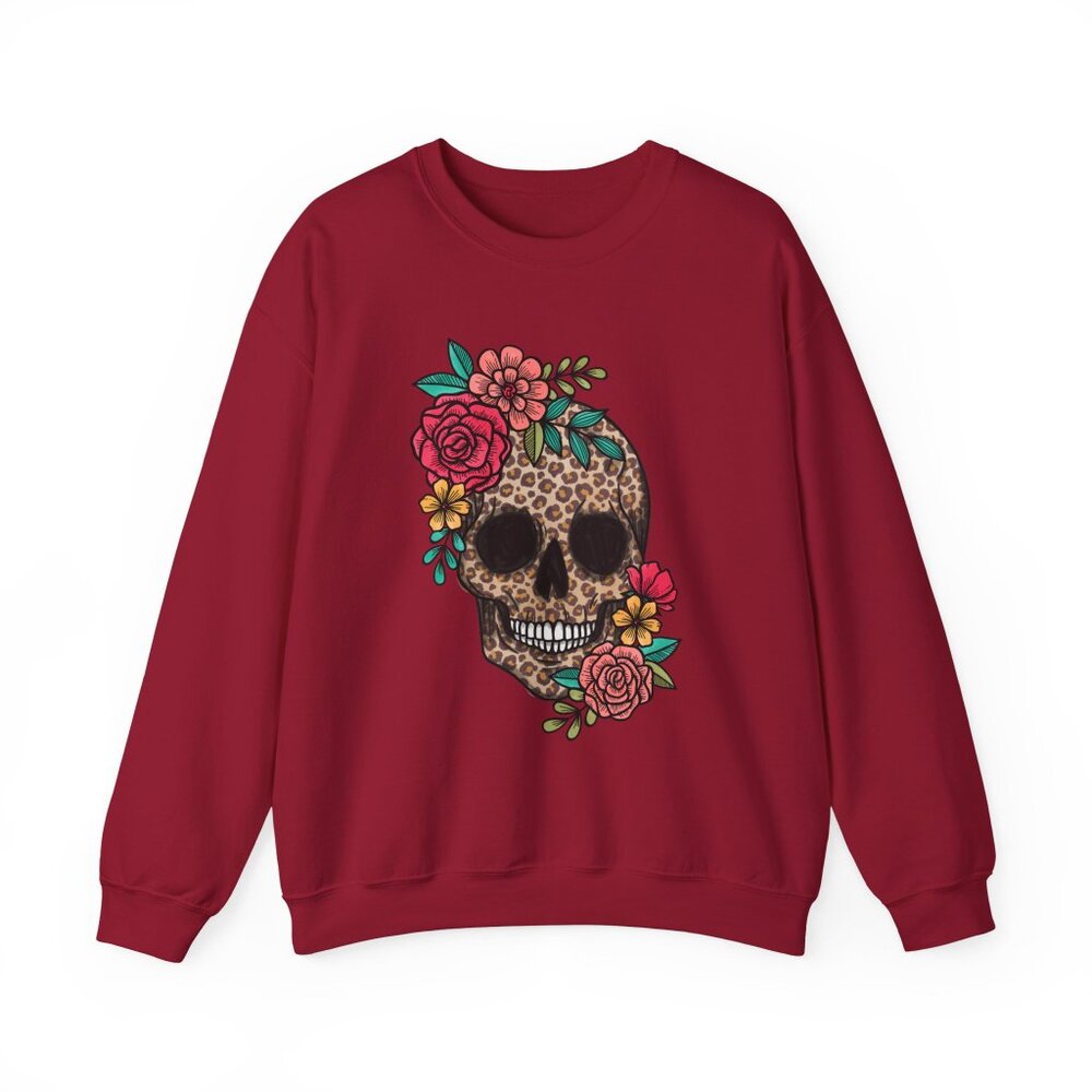 Skull with Vibrant Flowers Unisex Gildan Sweatshirt Crewneck - Picture 8 of 13